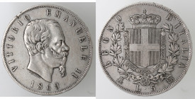 Vittorio Emanuele II. 1861-1878. 5 lire 1869 Milano. Ag.