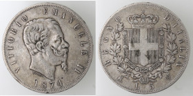 Vittorio Emanuele II. 1861-1878. 5 lire 1874 Milano. Ag.