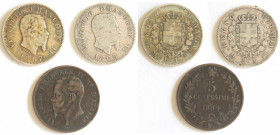 Vittorio Emanuele II. 1861-1878. Lotto di 3 monete. 1 Lira 1863 M e 1867 M, 5 Centesimi 1862 N. Ag-Ae.