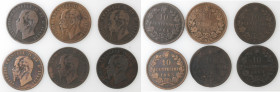 Vittorio Emanuele II. 1861-1878. Lotto di 6 monete. 10 Centesimi 1862 M, 1863 Parigi (NC), 1866 M, 1866 N, 1867 N e 1867 H. Ae.