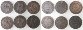 Vittorio Emanuele II. 1861-1878. Lotto di 6 monete. 5 Centesimi 1861 M (2 pz.), 1861 N (NC), 1862 N (2 pz.) e 1867 N. Ae.