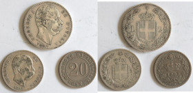Umberto I. 1878-1900. Lotto di 3 monete. 2 Lire 1897, 1 Lira 1897 e 20 centesimi 1895 R. Ag-Ni.
