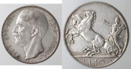 Vittorio Emanuele III. 1900-1943. 10 lire 1927 Biga due rosette. Ag.