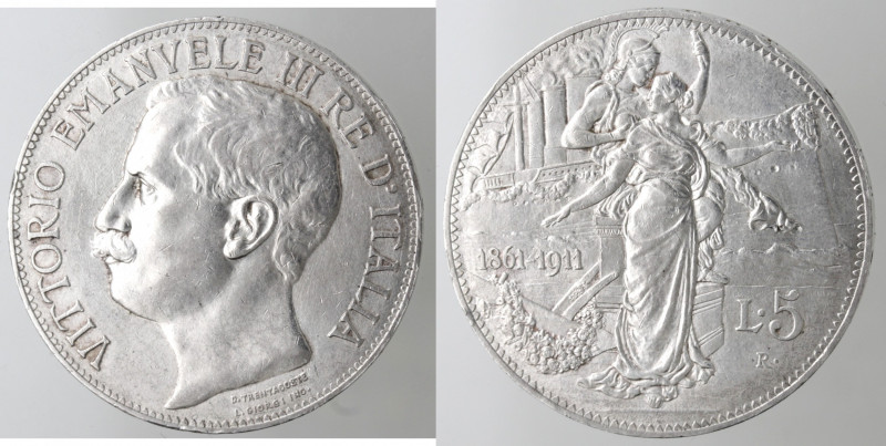 Casa Savoia. Vittorio Emanuele III. 1900-1943. 5 lire 1911 Cinquantenario. Ag. G...