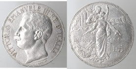 Vittorio Emanuele III. 1900-1943. 5 lire 1911 Cinquantenario. Ag.