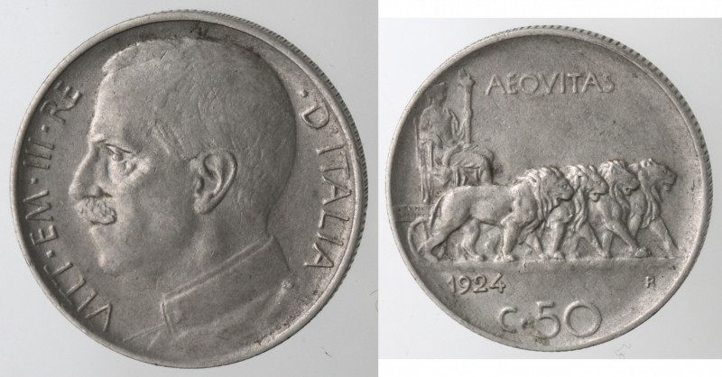 Casa Savoia. Vittorio Emanuele III. 1900-1943. 50 Centesimi Leoni 1924 Rigato. N...