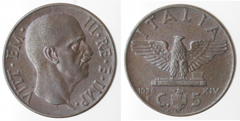 Casa Savoia. Vittorio Emanuele III. 1900-1943. 5 Centesimi 1936 XIV Impero. Ae. ...