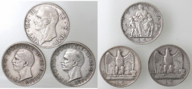 Vittorio Emanuele III. 1900-1943. Lotto di 3 monete. 5 Lire 1936 Fecondità, 5 Lire 1928 1 rosetta e 5 Lire 1928 2 rosette. Ag.