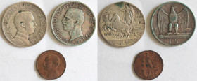 Vittorio Emanuele III. 1900-1943. Lotto di 3 monete. 5 Lire 1927, Lira 1909 e 1 Centesimo 1914. Ag-Ae.