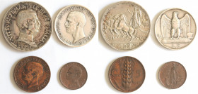 Vittorio Emanuele III. 1900-1943. Lotto di 4 monete. 5 Lire 1927, 2 Lire 1914, 5 Centesimi 1919 e 1 Centesimo 1917. Ag-Ae.