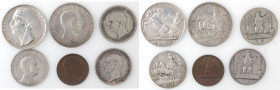 Vittorio Emanuele III. 1900-1943. Lotto di 6 monete. 10 Lire 1927, 5 Lire 1928 e 1929, 2 Lire 1916, Lira 1912 e 5 Centesimi 1928. Ag-Ae.