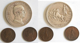 Vittorio Emanuele III. 1900-1943. Lotto di 3 monete. 2 Lire 1916 e 1 Centesimo 1910, 1014. Ag-Ae.