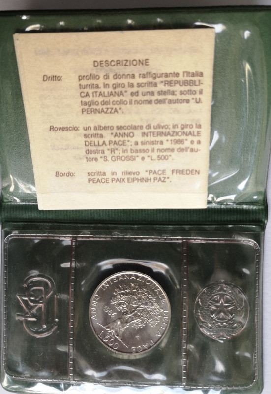 Repubblica Italiana. 500 Lire. Anno Internazionale della Pace 1986. Ag. Gig. 428...