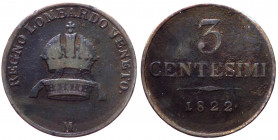 Lombardo Veneto - Monetazione per il Regno Lombardo-Veneto - Francesco I (1815-1835) 3 Centesimi 1822 - Zecca di Milano - Cu - gr. 4,83

MB+

 Shi...