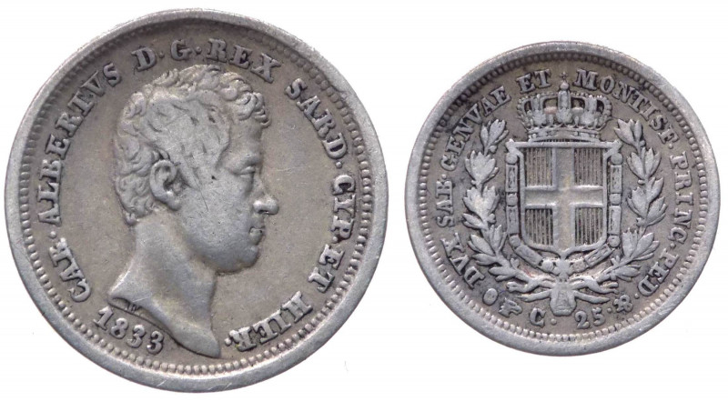 Carlo Alberto (1831-1849) 25 Centesimi 1833 - Zecca di Torino - Rara - Ag - 

...