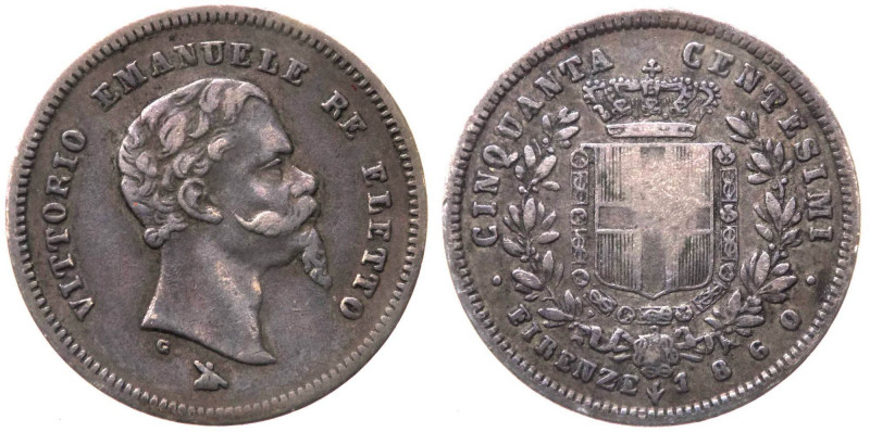 Vittorio Emanuele II (1859-1861) 50 centesimi 1860 - Firenze - Pagani 428 - Ag -...