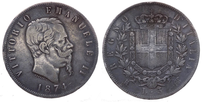 Vittorio Emanuele II (1861-1878) 5 Lire 1874 - Zecca di Milano - C/ Rosetta vici...