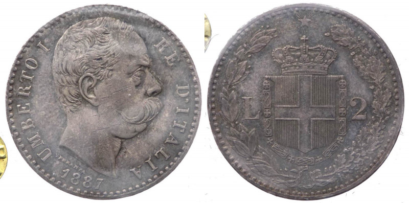 Umberto I (1878-1900) 2 Lire 1887 II°Tipo - Ag - Periziato qFDC con patina inten...