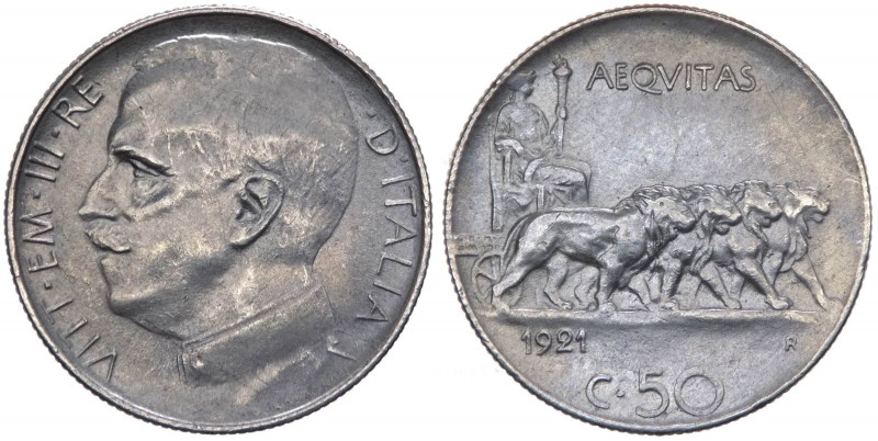 Vittorio Emanuele III (1900-1943) 50 Centesimi "Leoni" 1921 - Contorno Rigato - ...