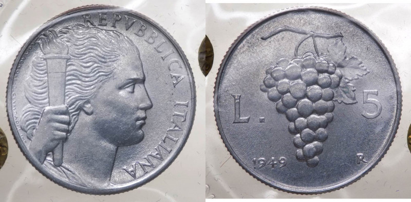 Monetazione in Lire (1946-2001) 5 Lire "Uva" 1949 - Dentelli più sottili e dista...