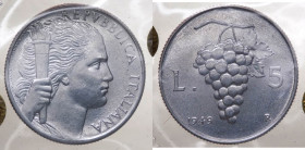 Monetazione in Lire (1946-2001) 5 Lire "Uva" 1949 - Dentelli più sottili e distanziati - NC - Periziata Gaudenzi FDC - 

FDC

 Shipping only in It...
