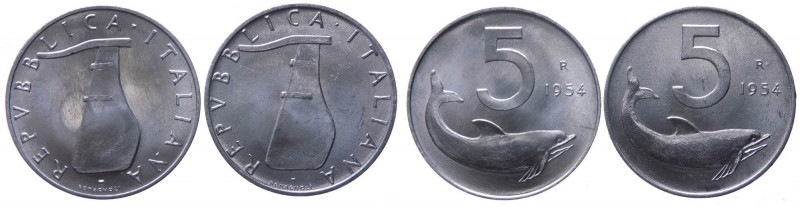 Monetazione in Lire (1946-2001) Lotto n.2 monete da 5 Lire "Delfino" 1954 con fi...