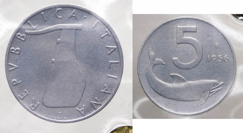 Monetazione in Lire (1946-2001) 5 Lire "Delfino" 1956 - Gig.287 - Rara - Sigillo...