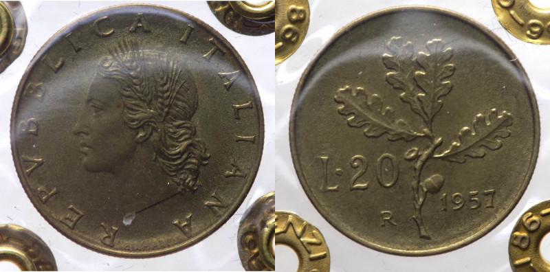 Monetazione in Lire (1946-2001) 20 Lire "Ramo di Quercia" 1957 - R/ Gambo del 7 ...