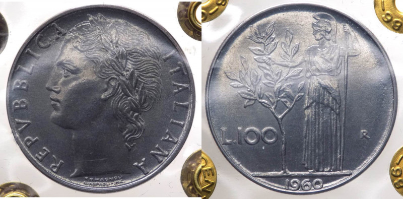 Monetazione in Lire (1946-2001) 100 Lire "Minerva" 1960 - Rara - Gig.97 - Perizi...