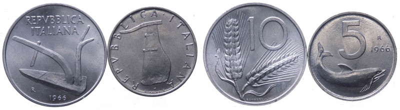 Monetazione in Lire (1946-2001) Lotto n.2 monete da 10 Lire "Spiga" 1966 e 5 Lir...