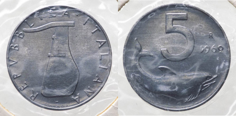 Monetazione in Lire (1946-2001) 5 Lire "Delfino" 1969 con 1 Rovesciato - FALSO D...