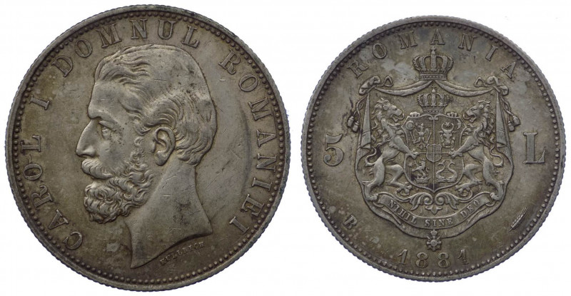 Romania - Carlo I (1866-1881) 5 Lei 1881 - KM 12 - Ag - Patina - 

SPL

 Shi...