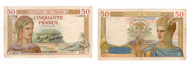 Francia - Banca della Francia 50 Franchi Cérès 16.07.1936 - Serie U.4812 N°595 -...