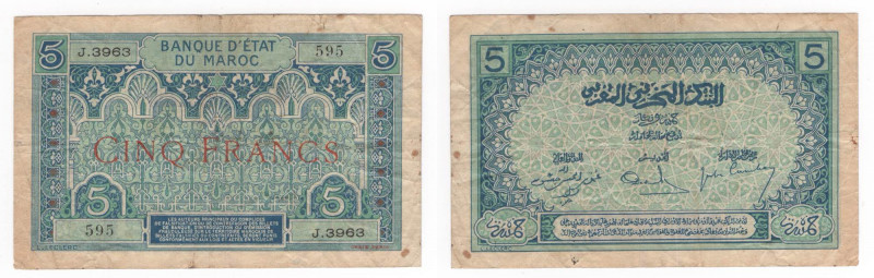 Marocco - Banca del Marocco 5 Franchi 1924 - Serie J.3963 N°595 - KM#9 - 

n.a...