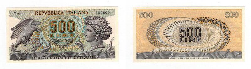 Repubblica Italiana - Biglietto di Stato - 500 Lire "Aretusa" N°T25 689609 - Via...