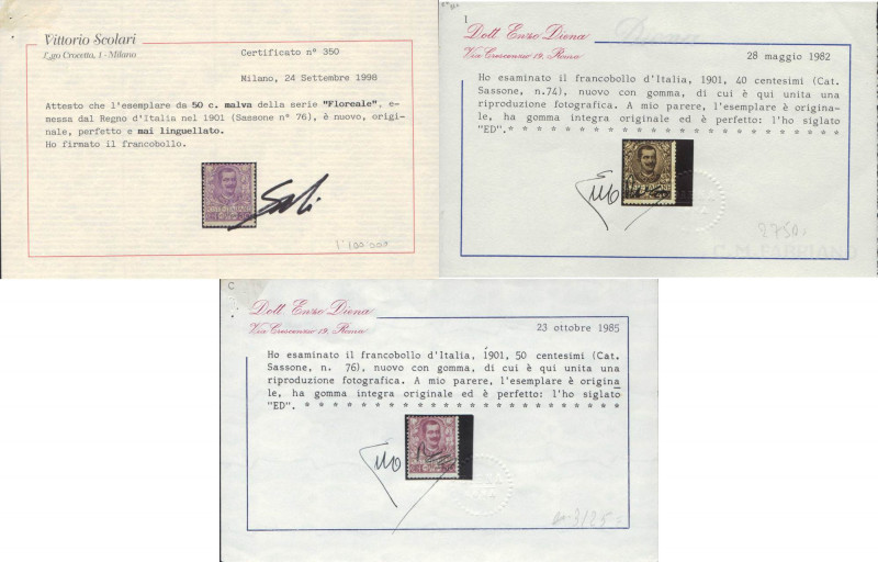 ITALIA REGNO - 1901 Floreale - (68/78) - Cert. Diena e Scolari per il 50 Cent. C...