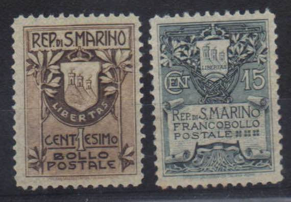 SAN MARINO - 1907 Stemma - fondo giallastro - (47/48) - Cat. 175 € - 

(**)
...