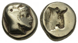 Greek
Lesbos, Mytilene. Electrum Hekte ca. 478-455 BC. 2.40gr. 10.8mm.
Head of Herakles right, wearing lion's skin headdress.rev. Incuse head of bull ...