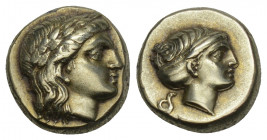 Greek
LESBOS, Mytilene. Circa 377-326 BC. EL Hekte. 2.52gr. 10.8mm.
Laureate head of Apollo right / Head of Artemis right, hair in sphendone; serpent ...