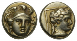 Greek
LESBOS, Mytilene. EL Hekte. 2.52gr. 10.9mm.
Head of Athena facing slightly right, wearing triple-crested Attic helmet and single-pendant earring...