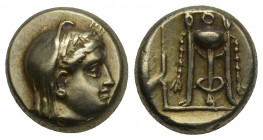 Greek
LESBOS. Mytilene. Ca. 354 BC. Electrum hecte 2.54gr. 10.1mm.
 Veiled head of Demeter right, wreathed with grain, wearing round earring / Fillete...