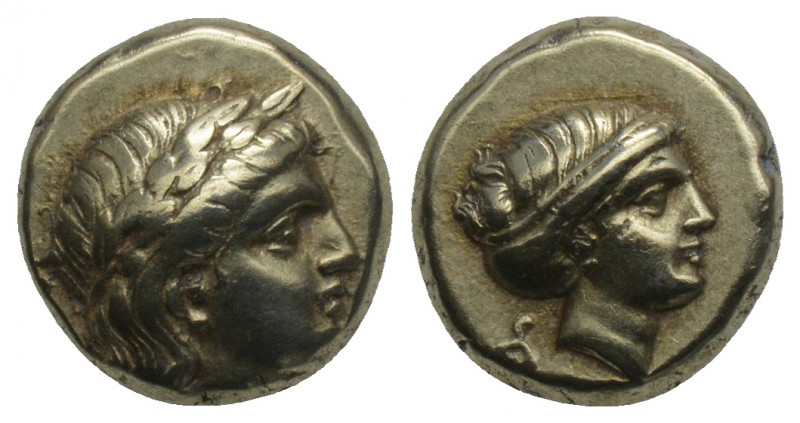 Greek
Lesbos. Mytilene 377-326 BC. Hekte EL 2.52gr. 10.3mm.
 Laureate head of Ap...