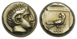 Greek
Lesbos, Mytilene EL Hekte. Circa 377-326 BC. 2.50gr. 10 mm.
Head of youth right, with ram's horn / Eagle standing right, head reverted, within l...