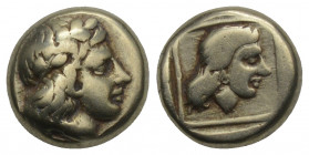 Greek
LESBOS MYTILENE Electrum hecte, circa 412 - 378 BC. 2.43gr. 10.4mm.
Laureate Head of Apollo right. Rv: Female head with necklace of pearls withi...