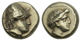 Greek
Lesbos, Mytilene EL Hecte. Circa 377-326 BC. 2.52gr. 10.3mm.
 Head of Kabeiros right, wearing pileos; two stars flanking / Head of Persephone ri...