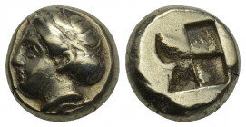 GREEK
Phocaea IONIA. Phocaea. EL Hecte, ca. 477-388 B.C. 2.55gr. 10mm.
Bodenstedt-90c. Diademed head of Dionysos left. Reverse: Quadripartite incuse s...