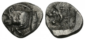 Greek
MYSIA. Kyzikos. Circa 450-400 BC. Obol. 0.85gr. 10.7mm.
Forepart of a boar to left; to right, tunny upward. Rev. K Head of a lion to left with...