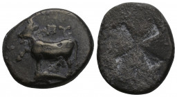 Greek 
THRACE, Byzantion. Circa 387/6-340 BC. AR Siglos 5.1gr. 18.6mm.
 Bull standing left on dolphin left / Quadripartite incuse square. Schönert-Gei...