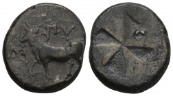 Greek 
THRACE, Byzantion. Circa 387/6-340 BC. AR Siglos 5.2gr. 18mm.
 Bull standing left on dolphin left / Quadripartite incuse square. Schönert-Geiss...