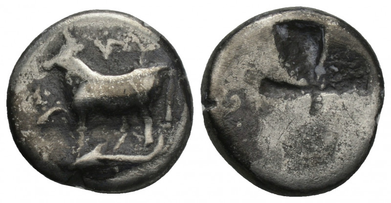 Greek Thrace. Byzantion circa 340-320 BC. Hemidrachm AR 2.3gr. 13.5mm.
Cow stand...